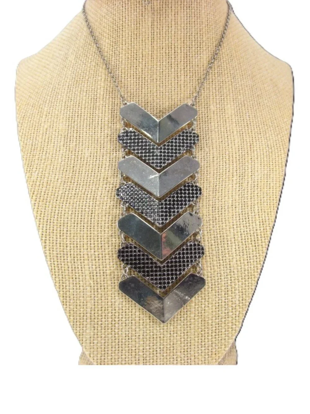 Chevron Statement Necklace with Silver Tone Metal Black Detail Adjustable Chain